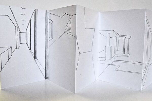 Grafik, gefalteter Leporello. Architektionische Details