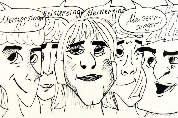 Comic Belistiftzeichnung, mehrere Personen mit Sprechbals "Meistersinger"