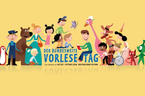 Das Bild zeigt eine Illustration für Kinder mit einer Gruppe von Erwachsenen, Kindern und Tieren, die um eine vorlesende Person gruppiert sind.