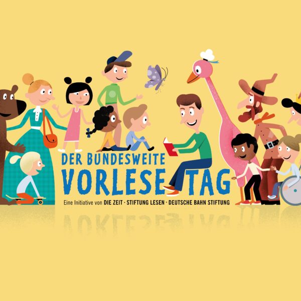 Das Bild zeigt eine Illustration für Kinder mit einer Gruppe von Erwachsenen, Kindern und Tieren, die um eine vorlesende Person gruppiert sind.