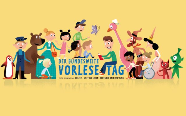 Das Bild zeigt eine Illustration für Kinder mit einer Gruppe von Erwachsenen, Kindern und Tieren, die um eine vorlesende Person gruppiert sind.
