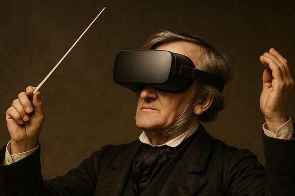 Richard Wagner mit Dirigierstab und 3-D Brille. Das Bild ist mithilfe von KI erstellt.