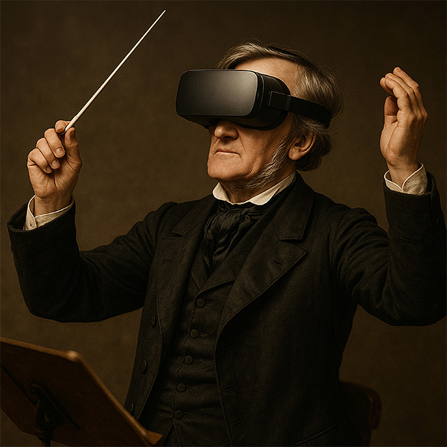 Richard Wagner mit Dirigierstab und 3-D Brille. Das Bild ist mithilfe von KI erstellt.
