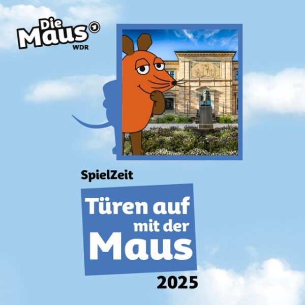 Key Visual zum "Türen auf mit der Maus-Tag"; Die Maus aus der "Sendung mit der Maus" steht vor Haus Wahnfried