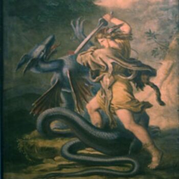 Siegfried ersticht den Drachen mit einem Schwert