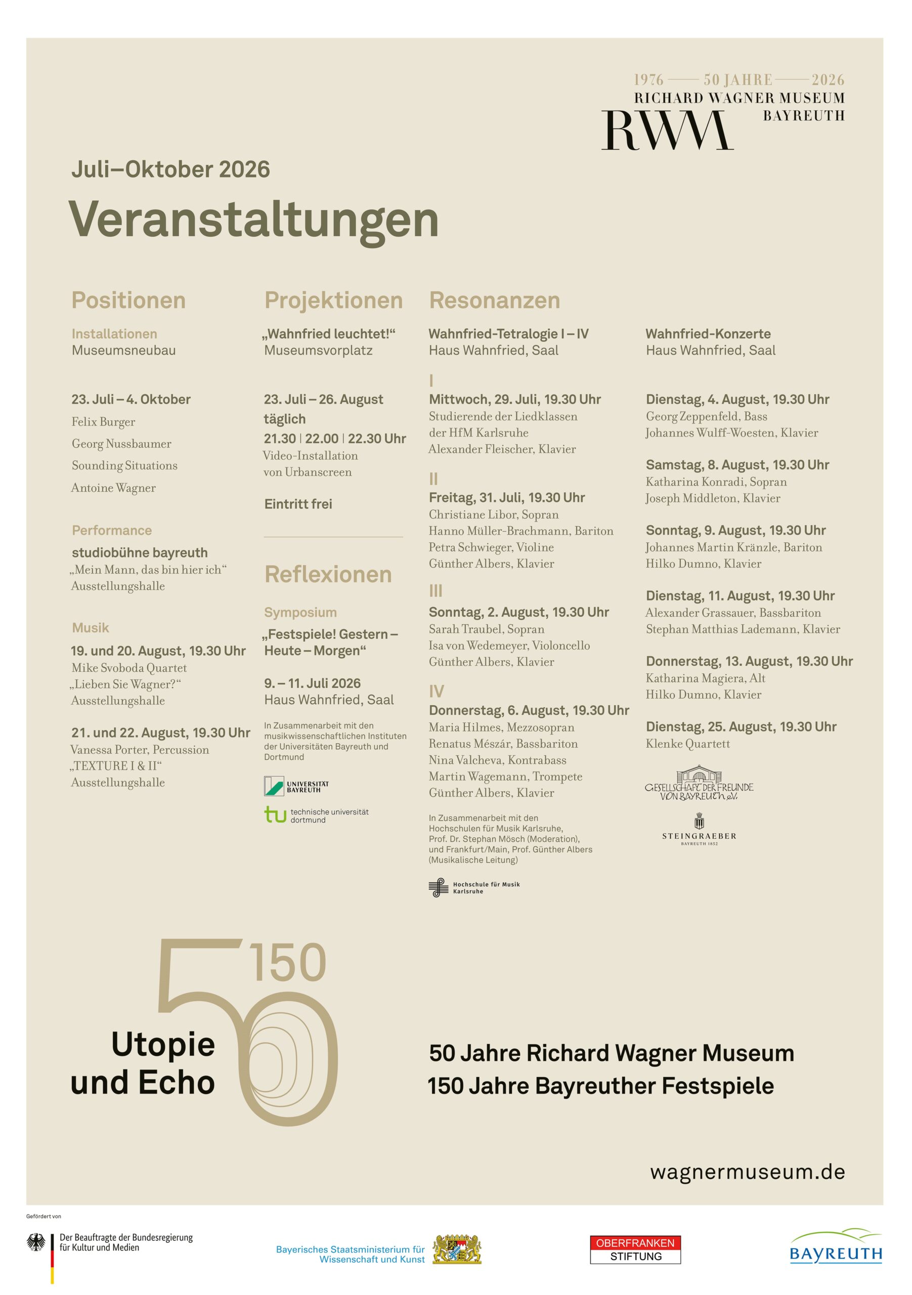 Veranstaltungsplakat mit allen Veranstaltungen von "50/150 Utopie und Echo"