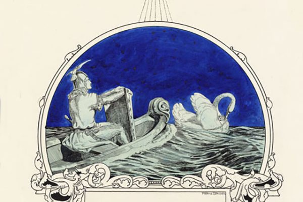 Zeichnung: Lohengrin im von einem Schwan gezogenen Boot, Franz Stassen, 1908.