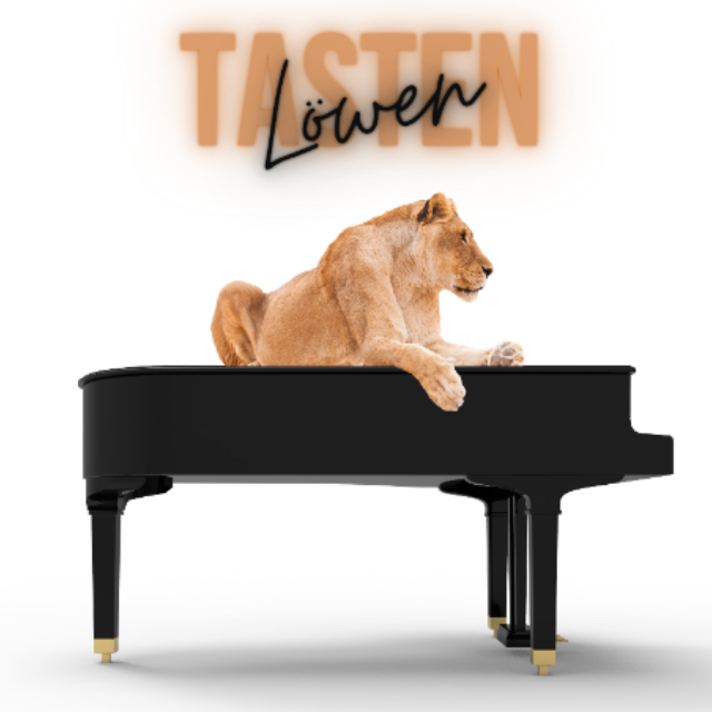 Tasten-Löwen: Löwin auf schwarzem Piano vor weißem Hintergrund, das Motiv für das Konzert von Les Amateurs Virtuoses im Oktober 2023 in Haus Wahnfried in Bayreuth