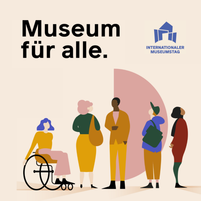 Beitragsbild zum 46. Internationalen Museumstag 2023: Das Bild zeigt das offizielle Motiv zum Museumstag mit unterschiedlichen Menschen, illustriert aus bunten Formen auf beigefarbenem Hintergrund. Darauf steht neben dem Logo in Hellblau das Mott Museum für alle.