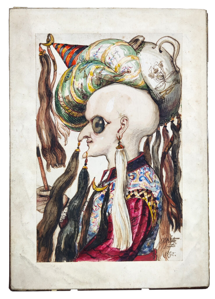 Das Bild zeigt eine Karikatur von Ernst Benedikt Kietz, in der Richard Wagner als Wesir im Profil dargestellt wird mit einem Turban. Das Bild entstand auf einer Reise Richard Wagners in den Orient zur Selbstfindung.