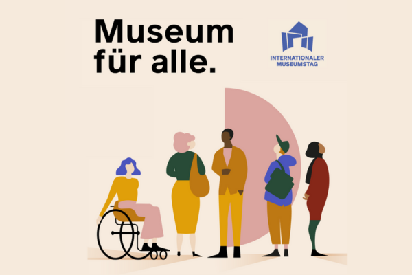 Beitragsbild zum 46. Internationalen Museumstag 2023: Das Bild zeigt das offizielle Motiv zum Museumstag mit unterschiedlichen Menschen, illustriert aus bunten Formen auf beigefarbenem Hintergrund. Darauf steht neben dem Logo in Hellblau das Mott Museum für alle.