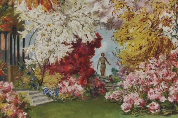 Zu sehen ist ein Mann der durch blühende Bäume hindurch azf einen Paradiesischen Garten blickt.